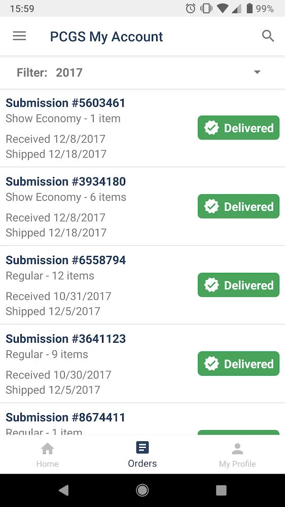 PCGS My Account - Orders, Show screenshot